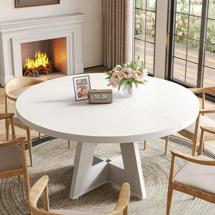 round Dining Table for 4-6 People, 47 Inches White Circle Dinner Kitchen Dining Room Table with Wooden Pedestal Base for Kitchen, Living Room