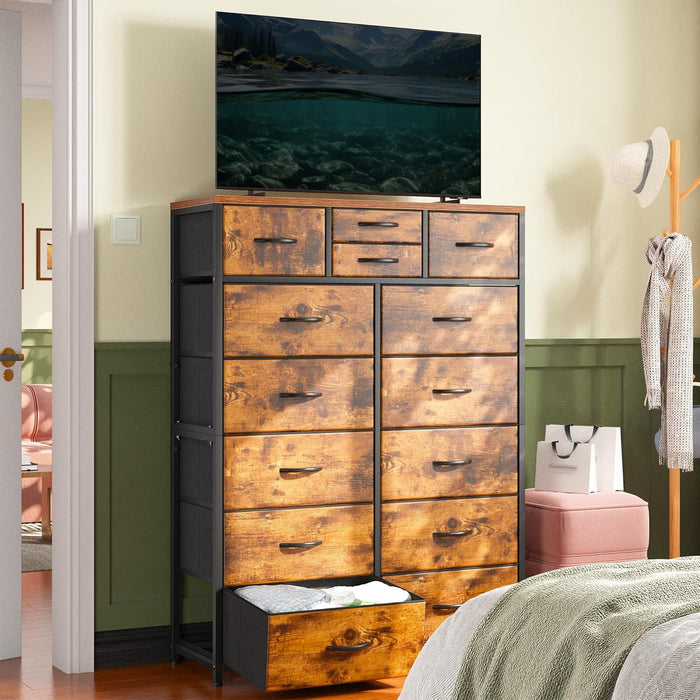 Dresser for Bedroom with 10+4 Storage Drawers, Chest of Drawers, Sturdy Metal Frame & Wood Top, Hallway, Closets, Living Room, 52.2" H X 37.4" W X 11.8" D, Rustic Brown