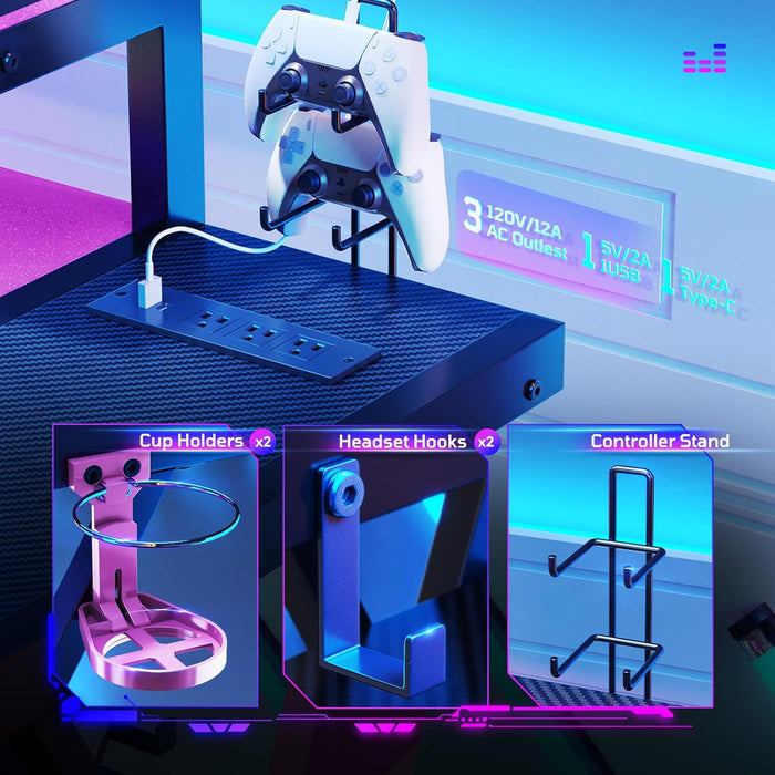 Computer Desk with Music Sync Light, Flow Vibe Corner Desk with Monitor Stand and PS5 Storage Shelves, Cup Holders, and Headset Hooks for Bedroom Small Space (Black Purple, 57 Inch)