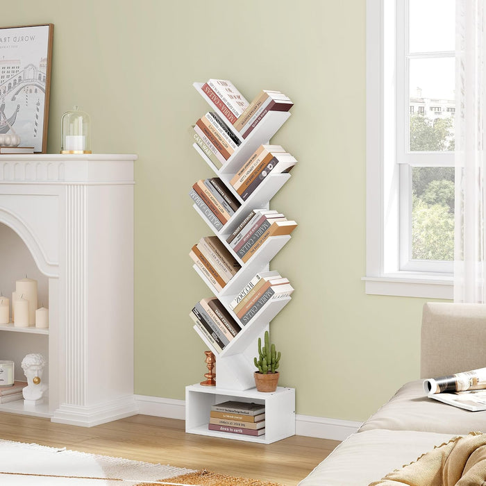 9 Tier Tree Bookshelf, Tall Bookcase with Drawer, Wood Book Shelf, Modern Floor Standing Bookshelves, Book Organizer Shelves for Bedroom, Living Room, Home Office, White