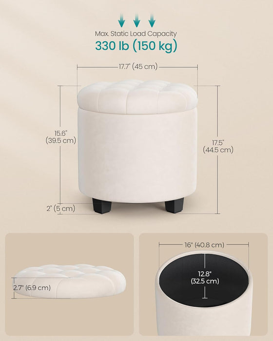 round Ottoman, Ottoman with Storage, 17.7 X 17.7 X 17.5 Inches, Foot Rest with Legs, Velvet, Load up to 330 Lb, for Living Room, Bedroom, Cream White ULOM012W01