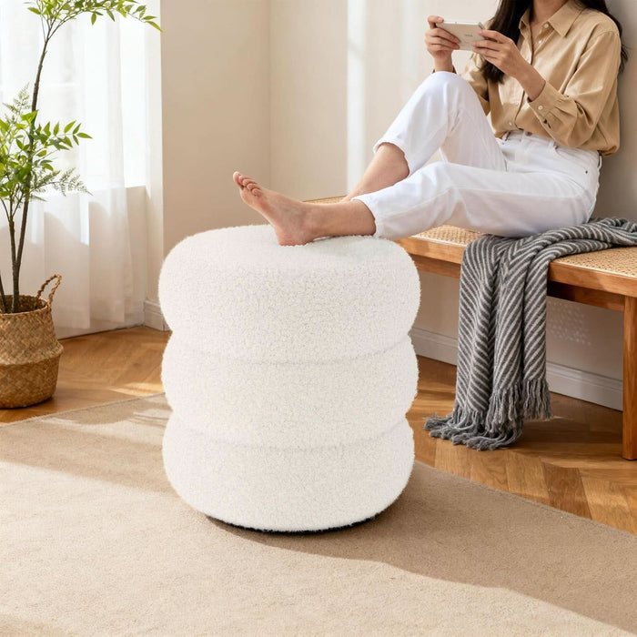 round Ottoman with Storage, Plush Teddy Boucle Footstool for Living Room, Soft Vanity Stool with Hidden Compartment, Circular Foot Rest for Bedroom & Dorm Decor, White