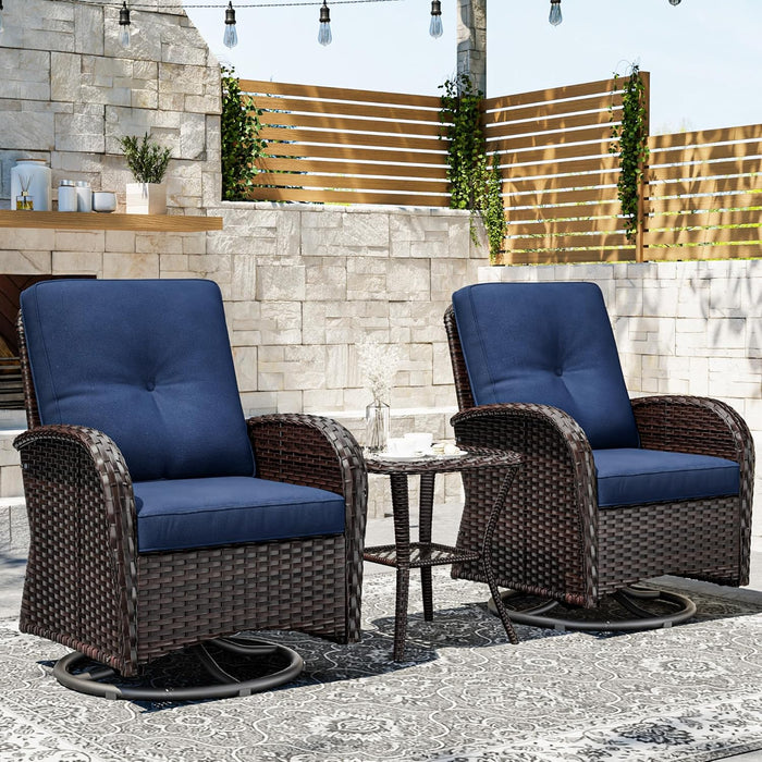 Outdoor Swivel Rocker Chairs, 3 Piece Wicker Patio Set with Thick Cushion and Side Table, Rattan Patio Swivel Rocking Chairs for Porch, Deck Use (Brown/Blue, 3 PCS)