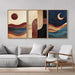 Boho Mid Century Modern Framed Canvas Wall Art, Bohemian Geometric Wall Decor, Abstract Sun and Moon Artwork,Beige and Black Wooden Art Paintings for Living Room Bedroom Office 16"X24"X3