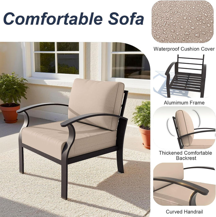 Aluminum Patio Furniture Set with round Coffee Tables, 5-Seat Outdoor Sectional Furniture W/5.1" Cushions, Patio Conversation Set for Porch, Backyard, Poolside-Sand