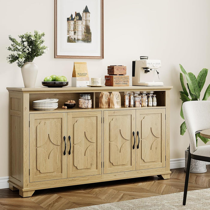 60 Inches Sideboard Buffet Cabinet with Storage, Large Credenza with 4 Carved Doors, Open Storage Shelf, Adjustable Shelves, Coffee Bar Cabinet for Kitchen, Living Room, Natural