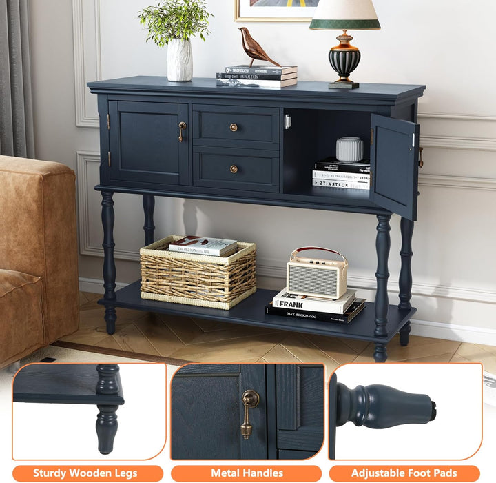 Console Table with 2 Drawers, Retro Entryway Table with 2 Door Cabinets and Open Storage Shelf, Narrow Long behind Couch Sofa Table for Living Room, Foyer, Hallway, Blue