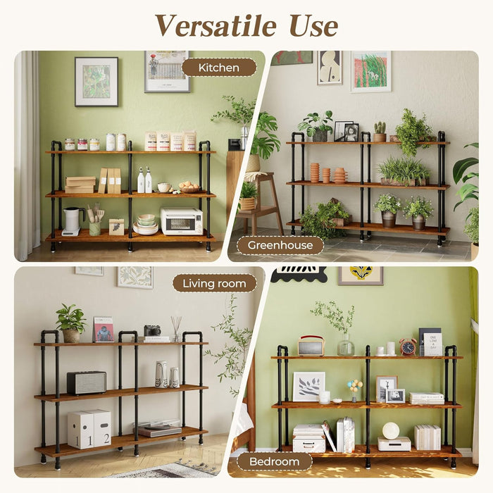 Industrial Bookshelf, Pipe Shelf Bookcase, 3 Tier, 60" Rustic Brown | Solid Pine Shelves, 60 Inch Wide, Black Pipe Frame, 70 Lbs per Shelf, Open Bookcase for Books, Plants, Office