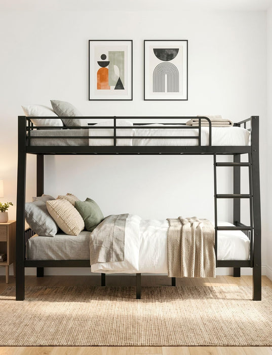 Full XL over Queen Bunk Bed for Adults, Heavy Duty Metal Queen Bunk Bed Frame with Reinforced Steel Slats, Full-Length Guardrails & Anti-Slip Ladder, Noise-Free, No Box Spring Needed, Black