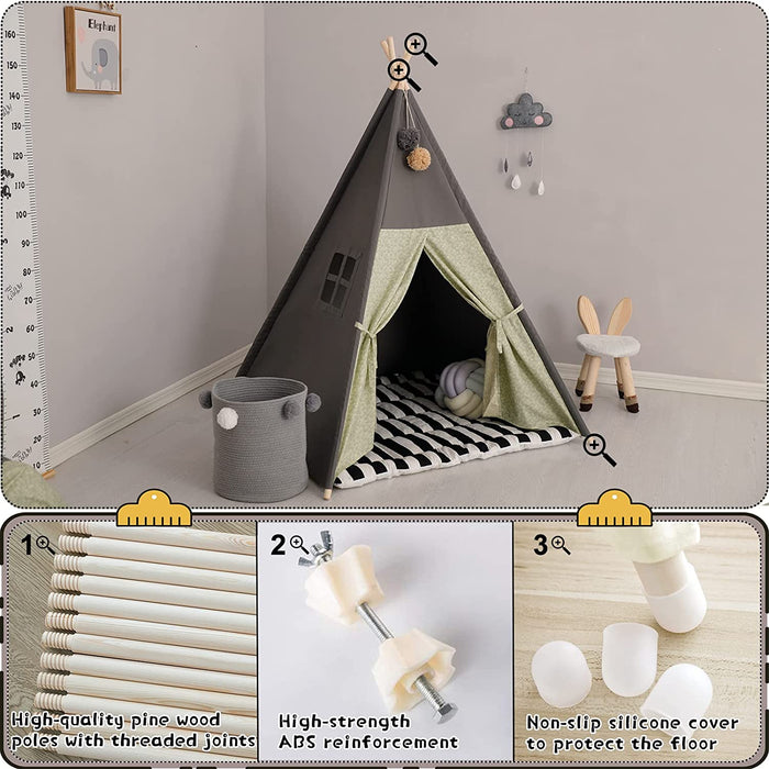 Teepee Tent for Kids Stripe Padded Mat Foldable Dark Tone Grey Play Tents for Girl and Boy with Carry Case Wooden Pole Printing Canvas Tepee Playhouse for Child Indoor Outdoor