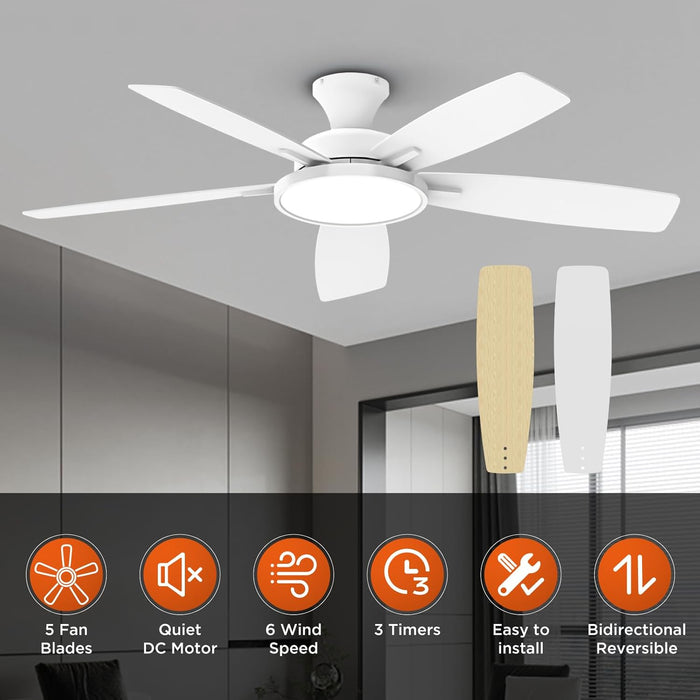 52 Inch Ceiling Fans with Lights,Remote Control Multifunctional Quiet Fan with Three Color Temperature and Dimmable Light with Reversible Blades White