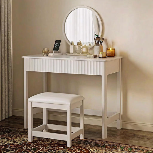 40 Inch Modern Desk with Drawers, Makeup Vanity Desk with Padded Stool, Small Home Office Desk for Bedroom, White