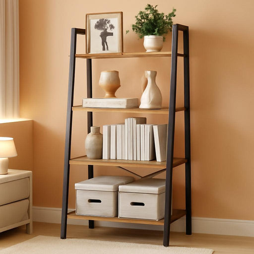 Ladder Shelf, 4-Tier Bookshelf, Storage Rack, Bookcase with Steel Frame, for Living Room, Home Office, Kitchen, Bedroom, Industrial Style, Rustic Brown and Ink Black ULLS44X