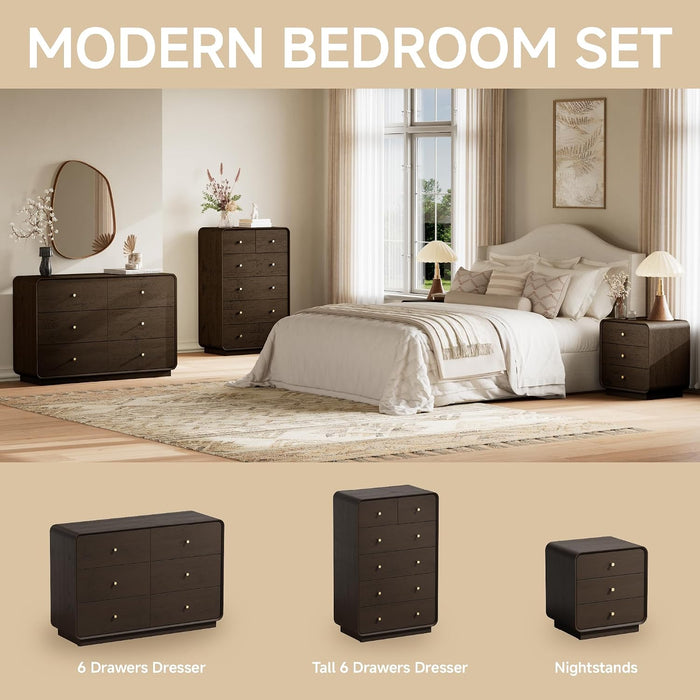 6 Drawer Dresser for Bedroom, 47.2” Wide Modern Chest of Drawers with Curved Profile Design, Wooden Dresser TV Stand with Gold Metal Handles, Large 6 Drawer Dresser for Bedroom, Living Room