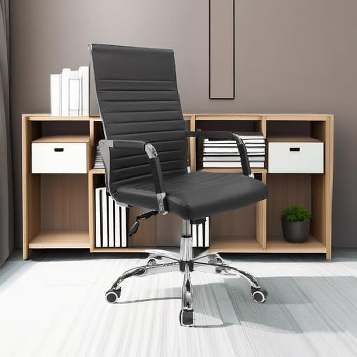 Ribbed Office Desk Chair Mid-Back PU Leather Executive Conference Task Chair Adjustable Swivel Chair with Arms (Black)