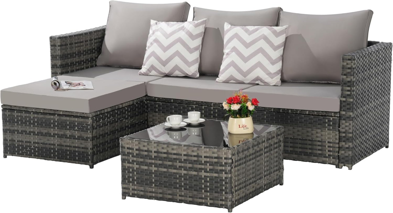 3 Pieces Patio Furniture Set All-Weather Outdoor Wicker Sectional Conversation Sofa Rattan Patio Sofa W/Cushion & Glass Table,Patio Conversation Set,Backyard Furniture for Porch (Light Gray)