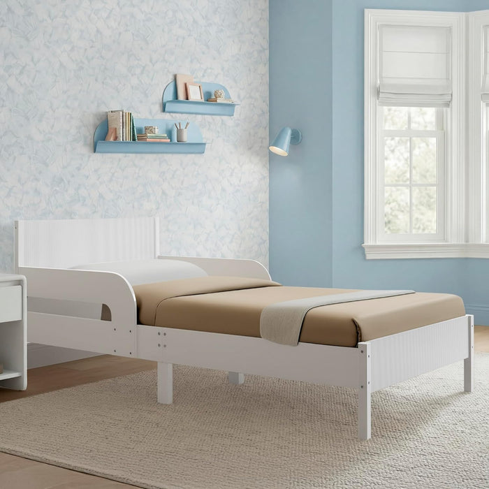 Cora Wood Twin Bed with Removable Guardrails - Wood Twin Bed with Slats Supports for Girls & Boys Teens, No Box Spring Needed, White Oxford Stripes