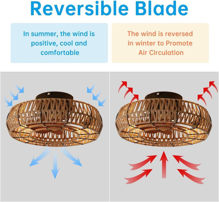 20" Caged Ceiling Fans with Lights and Remote, Boho Flush Mount Ceiling Fan with Light, Low Profile Chandelier 6 Speed Bladeless Reversible Ceiling Fan W/ 4 Bulbs. for Living Room Bedroom.