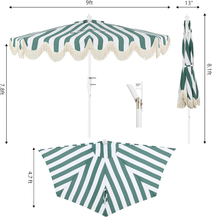 Beverly 9 Ft. Coastal Green and White Striped Half Patio Umbrella with Scalloped Fringe, Crank Lift, and Manual Tilt for Balcony, White Pole UMB1201L