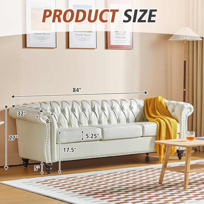 3 Piece Living Room Set, Chesterfield Faux Leather Sofa Loveseat Couch Chair with Scroll Arms and Nailhead for Living Room, Office (White)