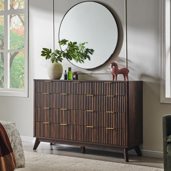 54" Wide Fluted 9 Drawer Dresser for Bedroom, Dark Walnut