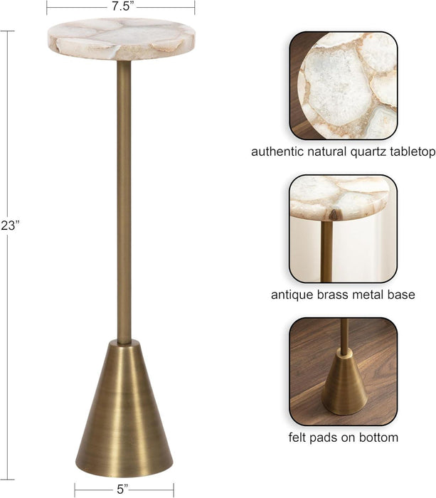 Sitara Mid-Century Modern Drink Table; 8 X 8 X 23; Natural Quartz and Brass; Unique round Stone Mini Table for Use as Bathroom Accent Table or Pedestal Martini Table
