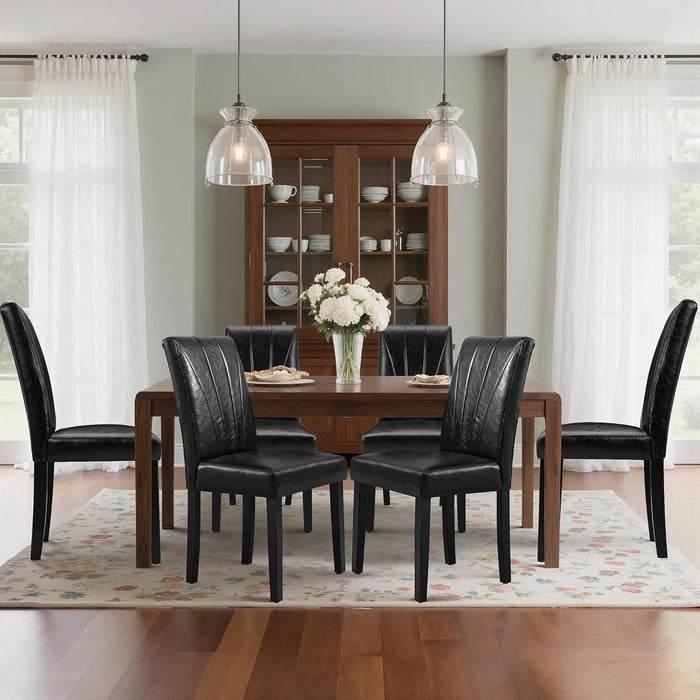 Upholstered Dining Chairs Set of 6, Modern PU Leather and Solid Wood Legs & High Back, Parsons for Kitchen/Living Room- Black
