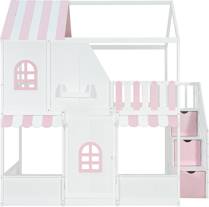 Full-Size House-Bunk Bed With Pink StorageCompartments