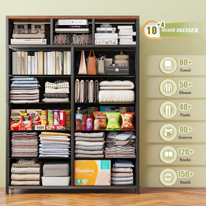 Dresser for Bedroom with 10+4 Storage Drawers, Chest of Drawers, Sturdy Metal Frame & Wood Top, Hallway, Closets, Living Room, 52.2" H X 37.4" W X 11.8" D, Rustic Brown