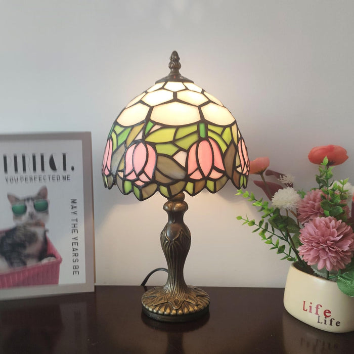 Tiffany Table Lamp Small Stained Glass Desk Lamp Vintage Bedside Lamp Included 3 Way LED Bulb for Home Living Room Nightstand Bedroom Office (Pink Tulip)