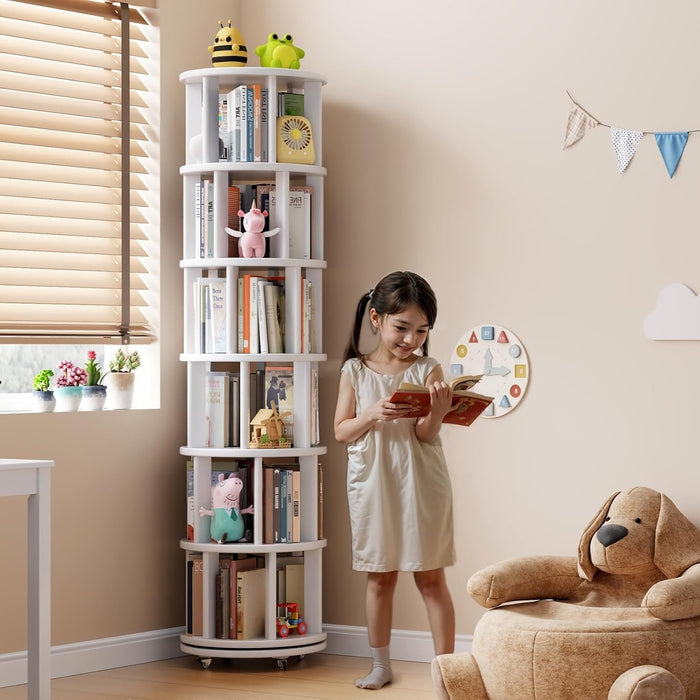 Round 6-Tier Rotating Bookshelf Snow-White On Wheels