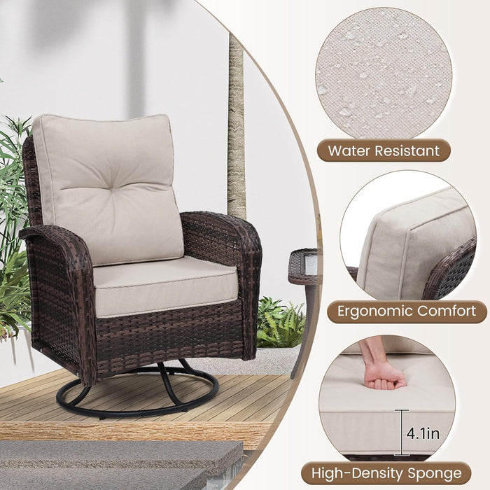 2 Luxury Outdoor Swivel Wicker Glider Patio Chairs with Table Set, Overstuffed Washable Cushions, Ideal for Porch, Balcony, Deck, Brown Rattan and Beige Cushions