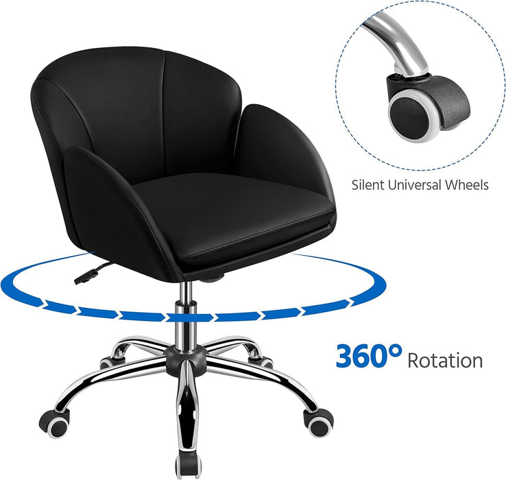 Cute Petal Desk Chair Home Office Swivel Upholstered Leather Makeup Vanity Desk Chair with Armrests for Bedroom Modern Computer Rolling Chair for Women Black