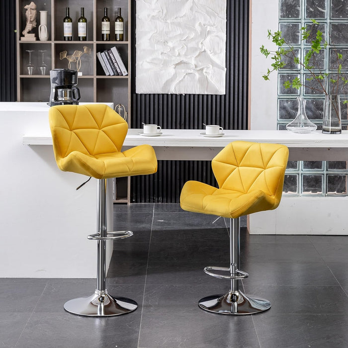 Breni Velvet Diamond Tufted Swivel Adjustable Height Barstools, Set of 2, Yellow