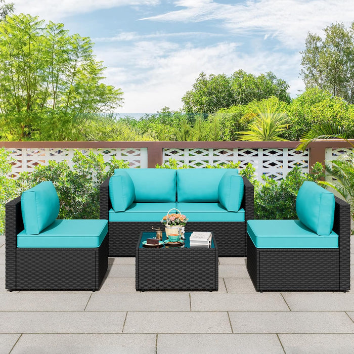Patio Furniture Sets, 5 Pieces Outdoor Furniture Patio Sectional Sofa Set, Black Wicker Rattan Conversation Sets with Glass Table and Cushions, Blue