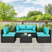 Patio Furniture Sets, 5 Pieces Outdoor Furniture Patio Sectional Sofa Set, Black Wicker Rattan Conversation Sets with Glass Table and Cushions, Blue