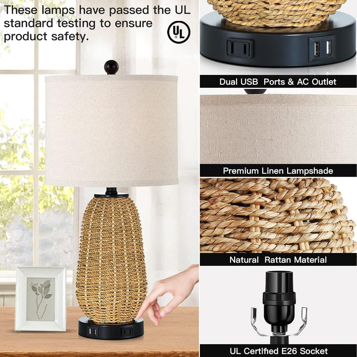 Touch Control Rattan Table Lamps, 3 Way Dimmable Bedside Lamps for Bedroom Set of 2 with 2 USB Ports and AC Outlet, Nightstand Lamps for Living Room (LED Bulbs Included), Grass