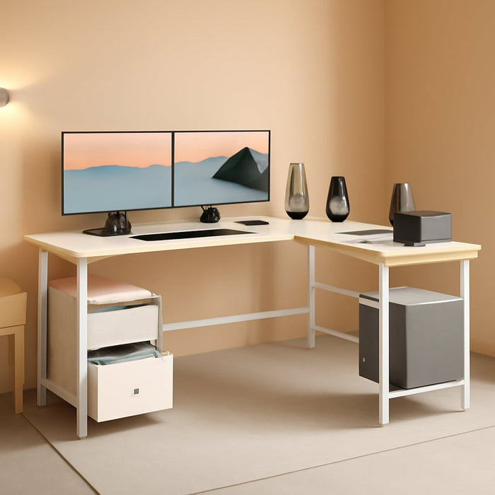 66” L Shaped Desk with Power Outlet, Reversible Computer Gaming Desk with File Drawer & 2 Monitor Stands for Home Office with Storage Shelves, White