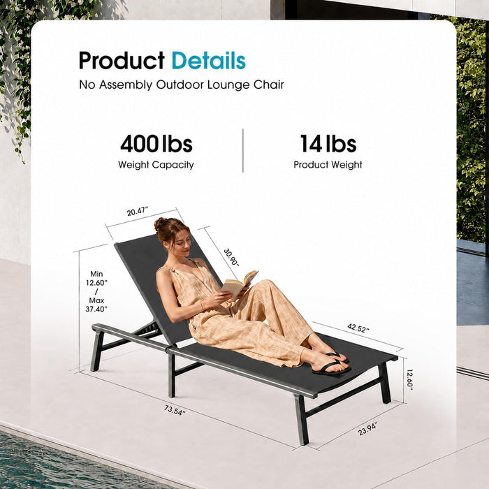 Foldable Outdoor Lounge Chair, No Assembly Patio Chaise Lounge Outdoor with 5-Positions, Aluminum Pool Lounge Chair with Portable Design for Pool, Beach, Deck, Backyard, Grey