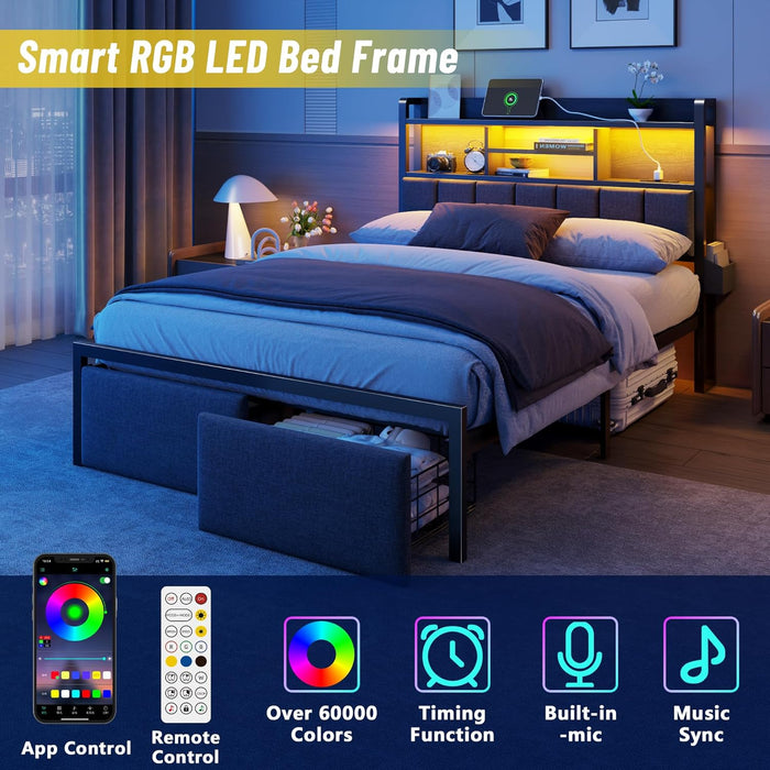 Full Size Bed Frame with Upholstered Headboard, Bed Frame Full with Storage Drawers, Charging Station & LED Lights, Metal Platform No Box Spring Needed, Noise Free, Black (1200 Lbs Capacity)