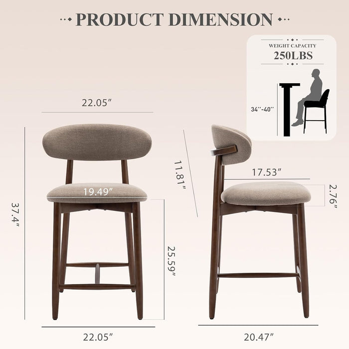Bar Stools Set of 2, Counter Height Barstools with Back, Mid Century Modern Upholstered, with Wood Legs for Kitchen Island Dining Room, Camel