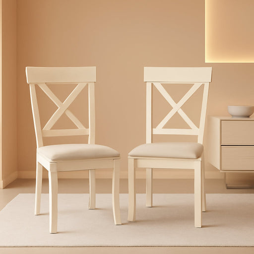 Prato Wood Cross Back Upholstered Dining Chairs, Set of 2, Antique White and Tan
