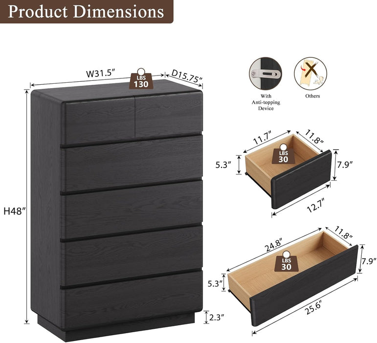 Black 6 Drawer Dresser for Bedroom, 48" Tall Dressers & Chest of Drawers with Curved Profile Design, Modern Dresser with Thickened Base for Bedroom, Living Room, Hallway