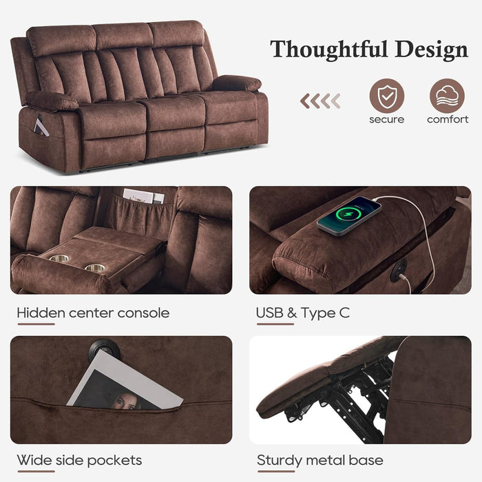 Power Reclining Sofa with Heat&Massage, Reclining Couch with Multi-Function Console/Usb Ports/Type C, Wall Hugger 3 Seater-Sofa Recliner, Reclining Sofa Couch for Living Room