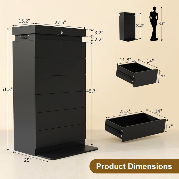 51" Tall Black Dresser 7 Drawer with LED Lights & Charging Station