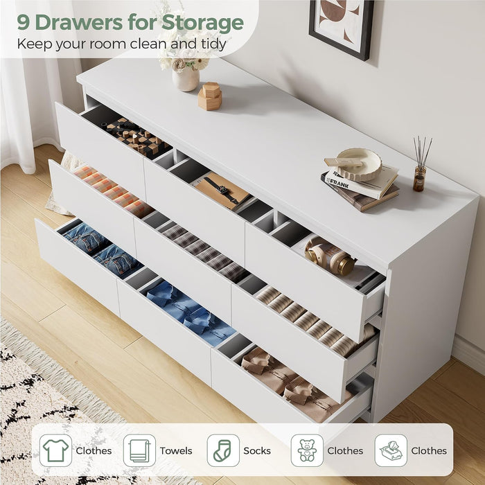 Modern 9 Drawer Dresser for Bedroom, Simply Chest of Drawers, Wood Storage Dresser with Deep Drawers for Living Room Hallway Entryway (White)