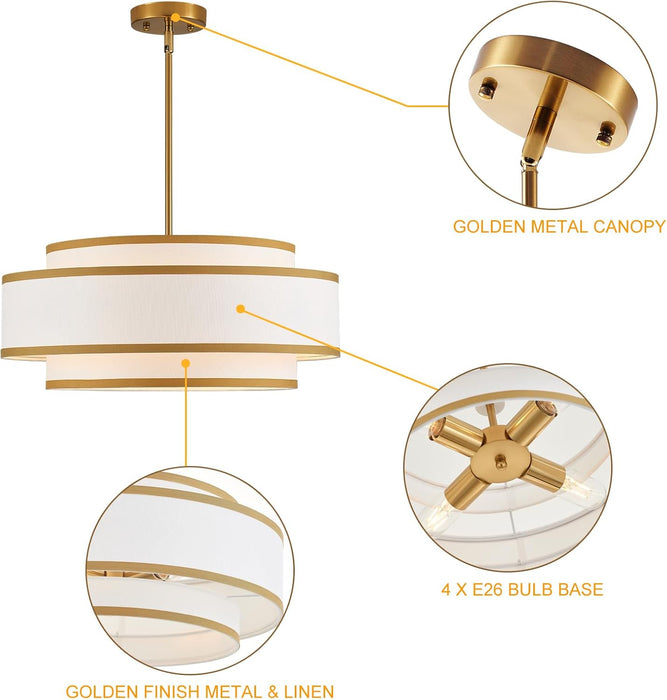 19.7" Gold Drum Chandelier with White Linen Lampshade 4-Light Modern Farmhouse Chandelier Light Fixture for Dining Room, Kitchen Island, Foyer Entryway Bedroom