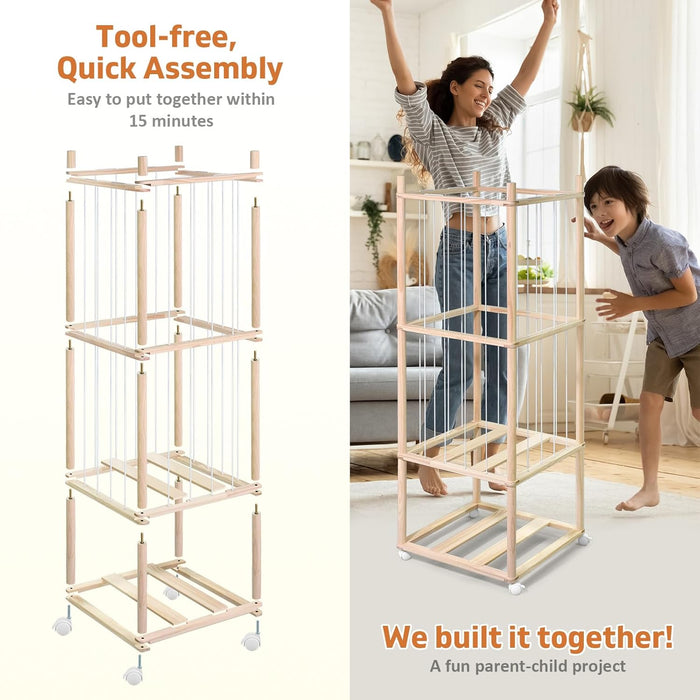 Stuffed Animal Storage with Tiny Toys Tray, Wood Stuffed Animal Zoo Storage with Brake Wheels, Space-Saving Plushie Playhouse for Nursery, Playroom, Kids Bedroom- Easy Assembly