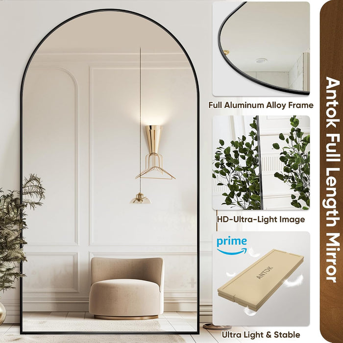 Oversized Full Length Mirror with Stand, 83"X44" Arched Floor Mirror, Aluminum Frame, Wall Mounted/Leaning/Free Standing, Large Body Mirror for Bedroom Living Room Entryway Dressing Room,Black