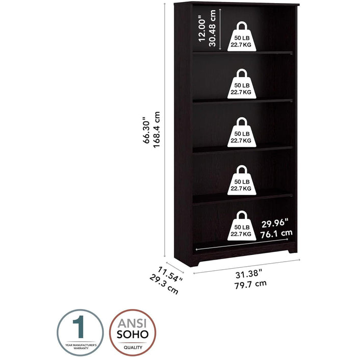 Bush Furniture Tall 5 Shelf Bookcase, Large Open Bookshelf, Sturdy Display Cabinet for Living Room or Home Office, Cabot Collection, Espresso Oak